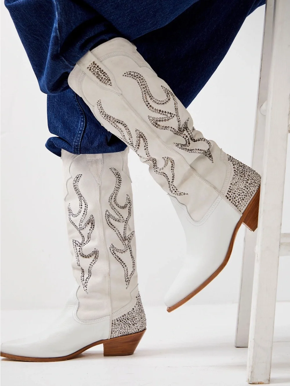 Free People White Embellished Western Knee-High Boots - Picture 1 of 1